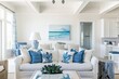 Interior design with white couch and azure pillows in house