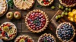Variety of homemade fruit pies. Top view table scene over a rustic wood background. Confectionery food concept.