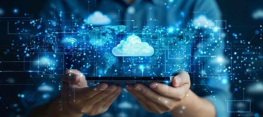 Fototapete - Hands holding tablet with clouds icon. Internet data hosting server. Generative AI technology.	
