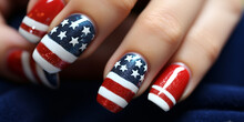 A Patriotic Manicure With A Red White And Blue Design NailArt With Blue Background

