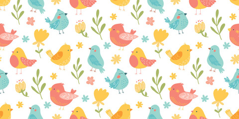 Wall Mural - A creative arts textile design featuring a seamless pattern of colorful birds and flowers on a white background. The pattern consists of orange, pink, and blue hues in a rectangular layout