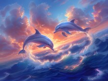 Beautiful Painting Of Dolphins Jumping In The Sky, With Burning Clouds