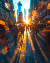 Pedestrians, Sidewalks, Urban Diversity, People Walking Amidst City Chaos, Diverse Mix Of Cultures In A Bustling Urban Setting, Realistic, Golden Hour, Motion Blur