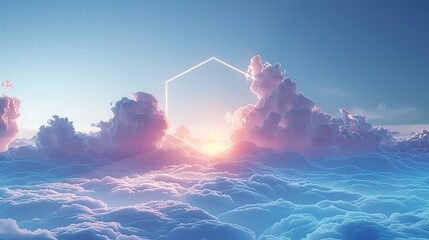 Canvas Print - Digital Clean background, clouds, a regular hexagon frame standing inside the clouds, minimalist