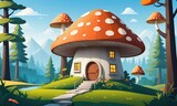 Fototapeta Uliczki - A nature landscape setting with a whimsical mushroom house, creating a charming and enchanting background