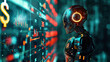 © Anek - A robot is standing in front of a computer screen with a dollar sign on it. The robot is surrounded by a lot of numbers and graphs, giving the impression of a complex financial system