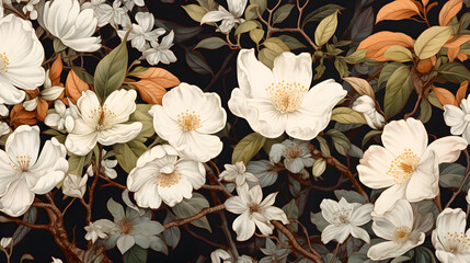 Wall Mural - A painting of a field of white flowers with green leaves. The flowers are large and spread out, creating a sense of abundance and beauty. The painting evokes a feeling of peace and tranquility