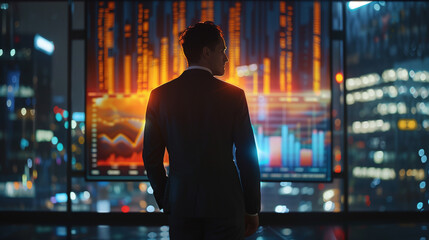Poster - A man in a suit stands in front of a large monitor displaying financial data. The man is focused and attentive, possibly analyzing the information on the screen