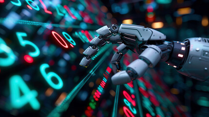 Poster - A robot hand is reaching out to a screen with numbers on it. Concept of technology and innovation, as well as the idea of human-like machines interacting with the world