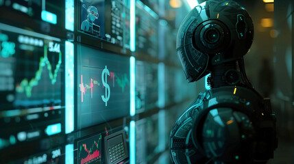 Poster - A robot is looking at a computer screen with a dollar sign on it. The robot is surrounded by monitors displaying various graphs and numbers. Concept of technology and automation