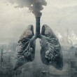 Lungs facing pollution, industrial backdrop, close perspective, greyish hue, detailed, muted contrast