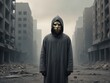 An image of a masked figure standing in a desolate cityscape, symbolic of the impact of a viral outbreak.