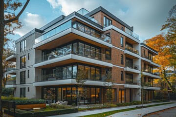 Fototapete - Modern apartment building exterior with glass balconies an large windows with decorative elements.
