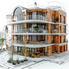Fototapete - residential building architecture project with mock up and blueprints