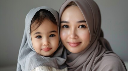 Wall Mural - happy malay mother and daughter posing together on a grey background