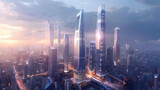 Fototapeta Konie - Modern skyscrapers of a smart city, futuristic financial district. generative ai.