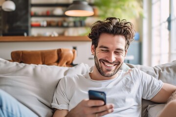 Wall Mural - Caucasian man playing with smartphone while laughing