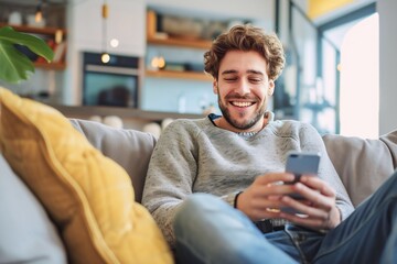 Wall Mural - Caucasian man playing with smartphone while laughing