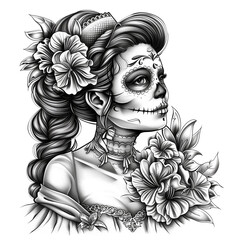 Wall Mural - Image of a girl with a sugar skull, flowers. Icon for Mexican events.