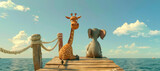 Fototapeta  - A giraffe and an elephant sitting on the end of a wooden bridge