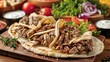 Mouthwatering shawarma slices, whether lamb or chicken. Middle Eastern culinary delight ai image