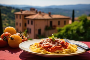 Wall Mural - Italian pasta with tomato sauce on a colorful balcony overlooking a Tuscan village.