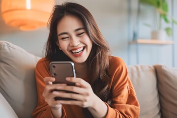 Wall Mural - Asian woman playing with smartphone while laughing