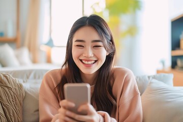 Wall Mural - Asian woman playing with smartphone while laughing