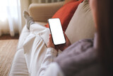 Fototapeta  - Mockup image of a woman holding mobile phone with blank desktop white screen while sitting on a sofa at home