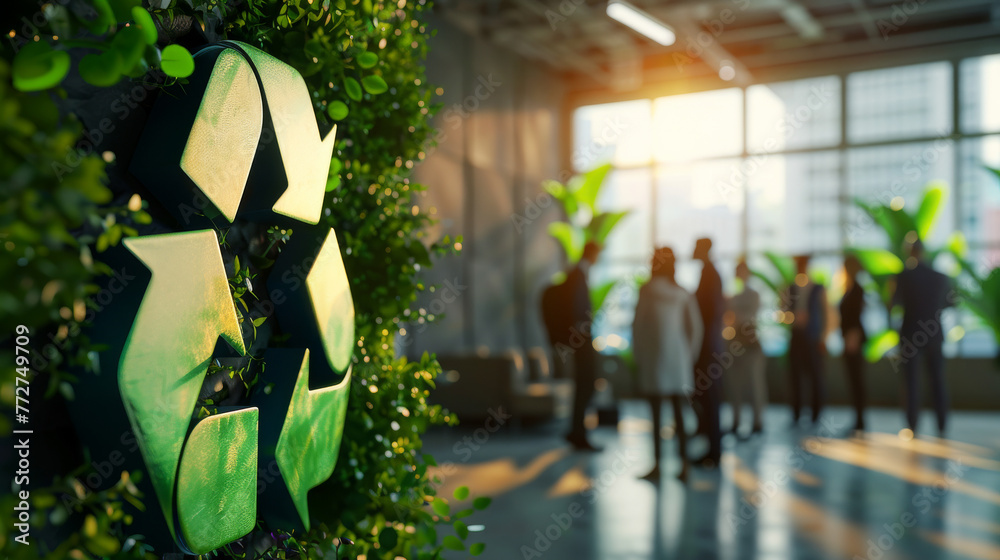Green recycle symbol icon sign with professional environment background ...