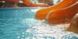 Water slide background banner with the arrival of orange aqua park slide in beautiful blue water