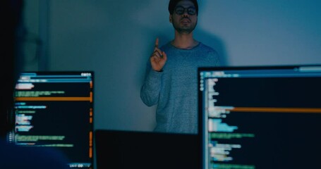 Group adult Asia male software developers mentor leader manager talk strategy plan to executive write prompt AI bot IT app program nomad, video game, designer, data center. Projecting slideshow code.