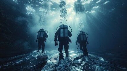 Wall Mural - Professional divers conducting marine research, exploration and conservation