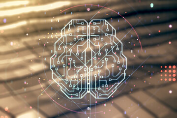 Poster - Virtual creative artificial Intelligence hologram with human brain sketch on abstract metal background. Double exposure