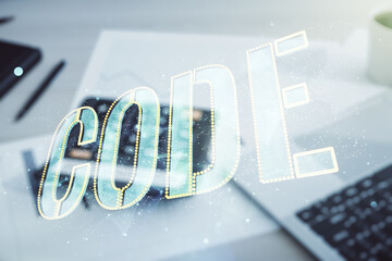 Aufkleber - Code word hologram on blurry calculator and computer background, international software development concept. Multiexposure