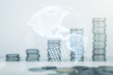 Poster - Double exposure of digital map of North America hologram on growing stacks of coins background, research and strategy concept