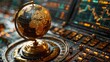 A detailed 3D render of an antique globe with modern digital screens showing stock markets and gold trading routes across continents