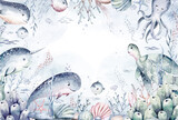 Fototapeta Dziecięca - Set of sea animals. Blue watercolor ocean fish, turtle, whale and coral. Shell aquarium background. Nautical dolphin marine illustration, jellyfish, starfish
