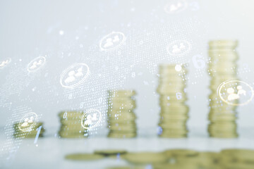 Poster - Double exposure of social network icons hologram and world map on growing stacks of coins background. Marketing and promotion concept