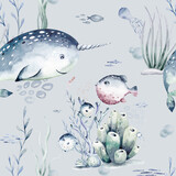 Fototapeta Dziecięca - Watercolor seamless pattern with underwater world Bright fish, whale, shark dolphin starfish animals. Jellyfish seashells. Sea and ocean fish life background