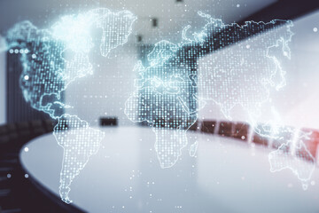 Aufkleber - Multi exposure of abstract creative digital world map hologram on a modern conference room background, tourism and traveling concept
