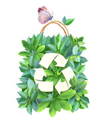 Wall Mural - Responsible consumption. Recycle symbol on shopping bag made from leaves. Eco-friendly business. Ecology, zero waste, go green, environmental, conservation protection concept. Isolated on white