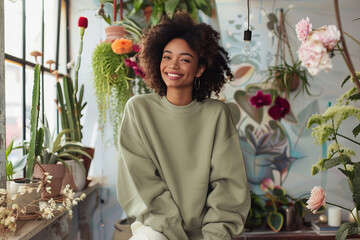 Wall Mural - Pretty smiling model dressed with a light green mock-up sweatshirt , oversized sweater Mockup in feminine Spring season decorated room