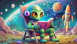Oil painting style CUTE GREEN ALIEN Astronaut sitting in a lawn chair on the moon with earth rising over the horizon