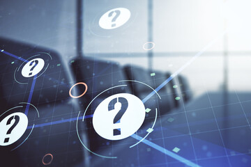 Aufkleber - Abstract virtual question mark illustration on a modern conference room background. FAQ and search concept. Multiexposure