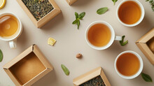 Calming Cups Of Tea Surrounded By Open Boxes With Loose Tea Leaves Scattered, Showcasing Tranquility And Blank Labels