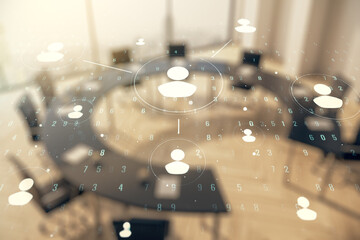 Aufkleber - Abstract virtual social network hologram on a modern coworking room background. Double exposure