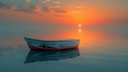 Poster -   A boat gliding atop water beneath a cloudy sky, with the sun in the background