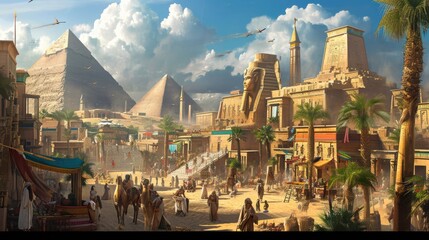 an ancient egyptian city at the peak of its glory, with pyramids, sphinx, and bustling markets. resp