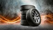 Tire Emporium: Ad Banner Featuring Stacks of Black Rubber Tires Against Asphalt and Smoke